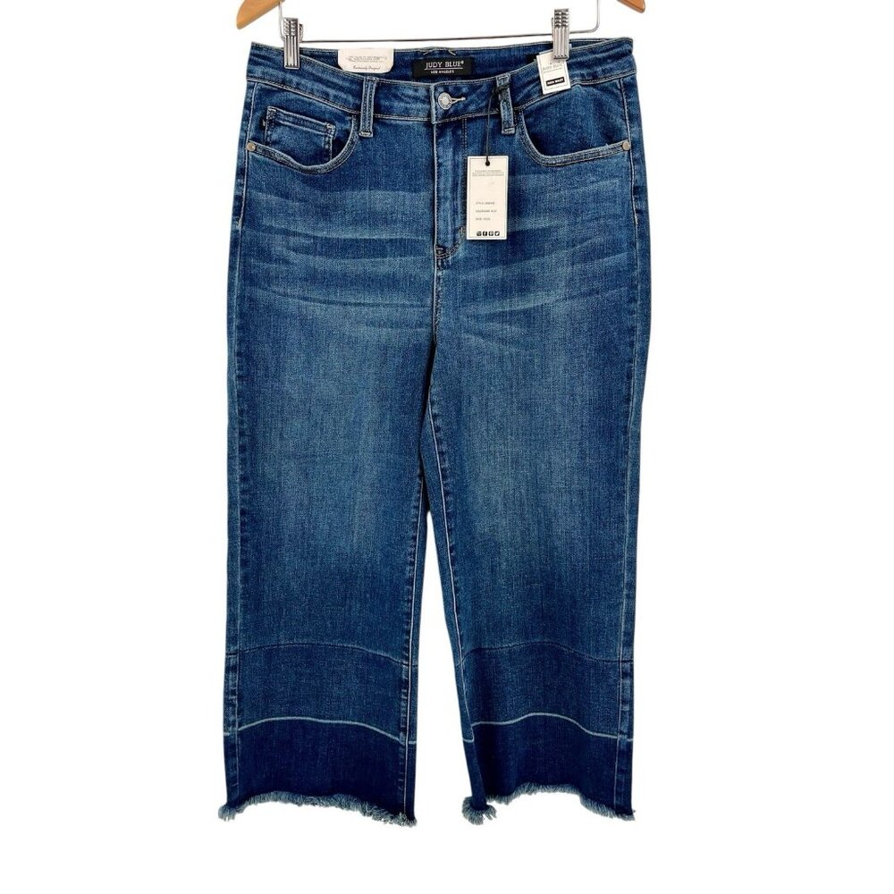 JUDY BLUE Women's Dark Wash Raw Hem Olivia Wide Leg Crop NWT 15/32